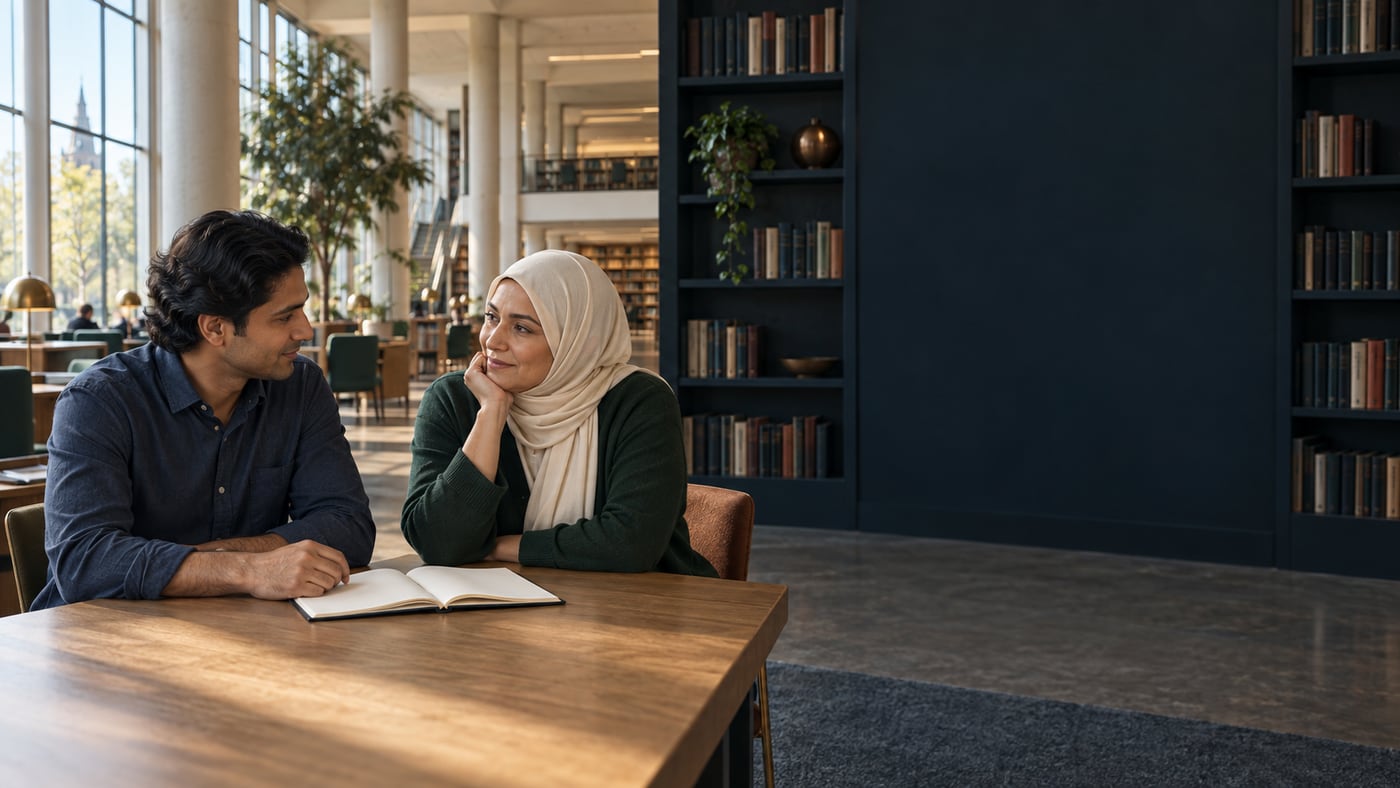 Twee vrienden in gesprek bij een open notitieboek in een lichte bibliotheek